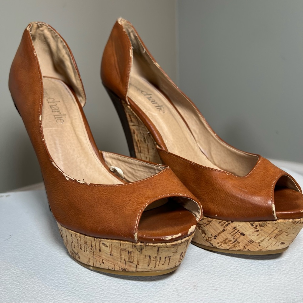 Charming Charlie Brown Peep Toe Wedges - Size 11 - 5” heel